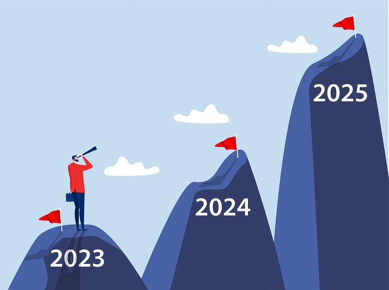 Business goals; Businessman looking binoculars on top of the mountain for looking to another next 2024 and 2025 years Concept of investment Vector illustration